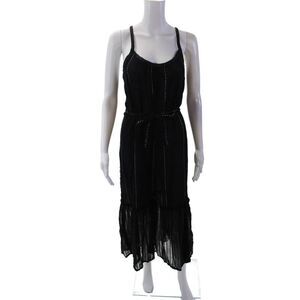 Lem Lem Women's Scoop Neck Spaghetti Straps Tiered Midi Dress Black Size M